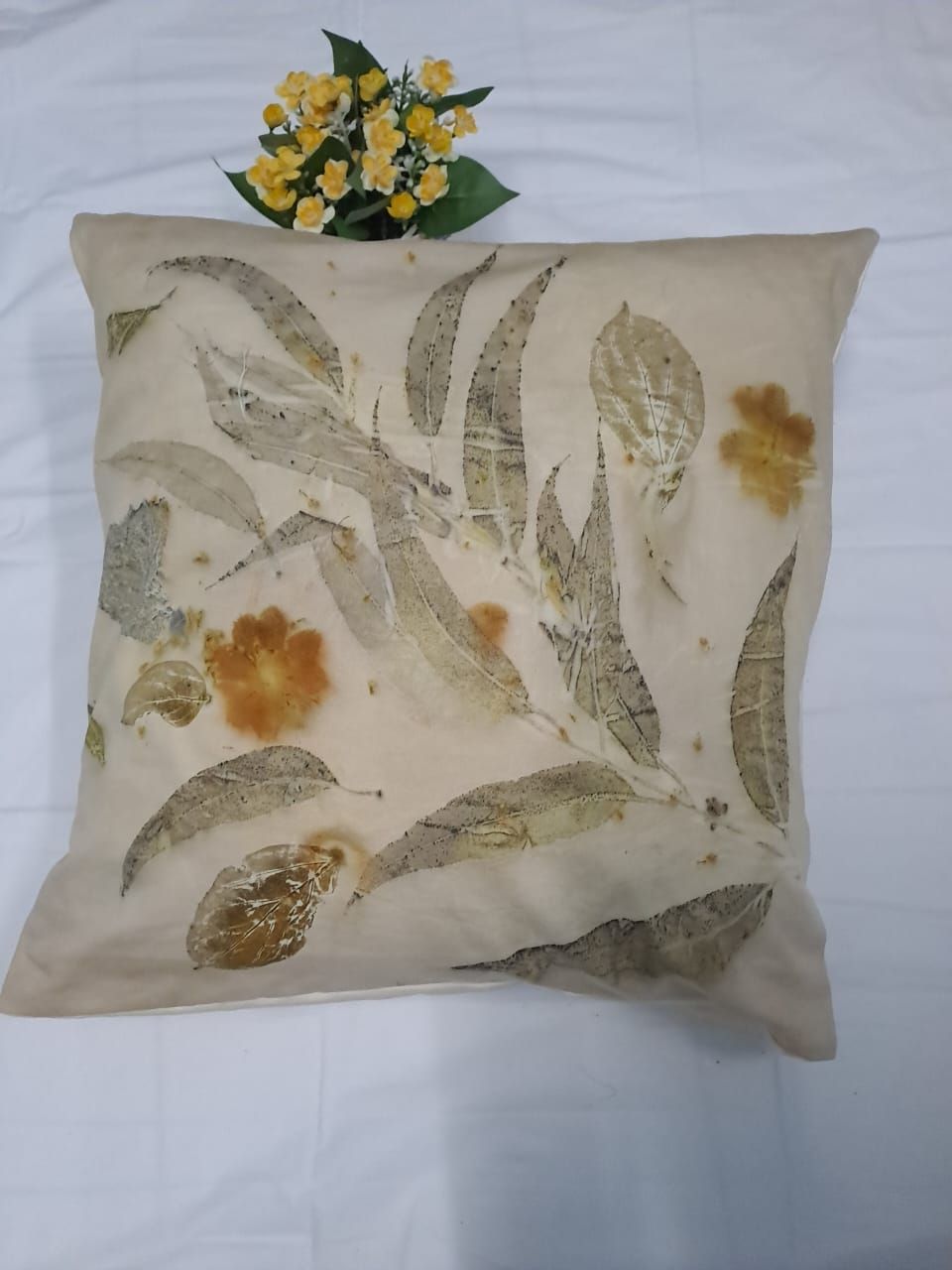 Serene Nature: Beige Eco-Printed Pillow Cover with Leaf & Flower Imprints