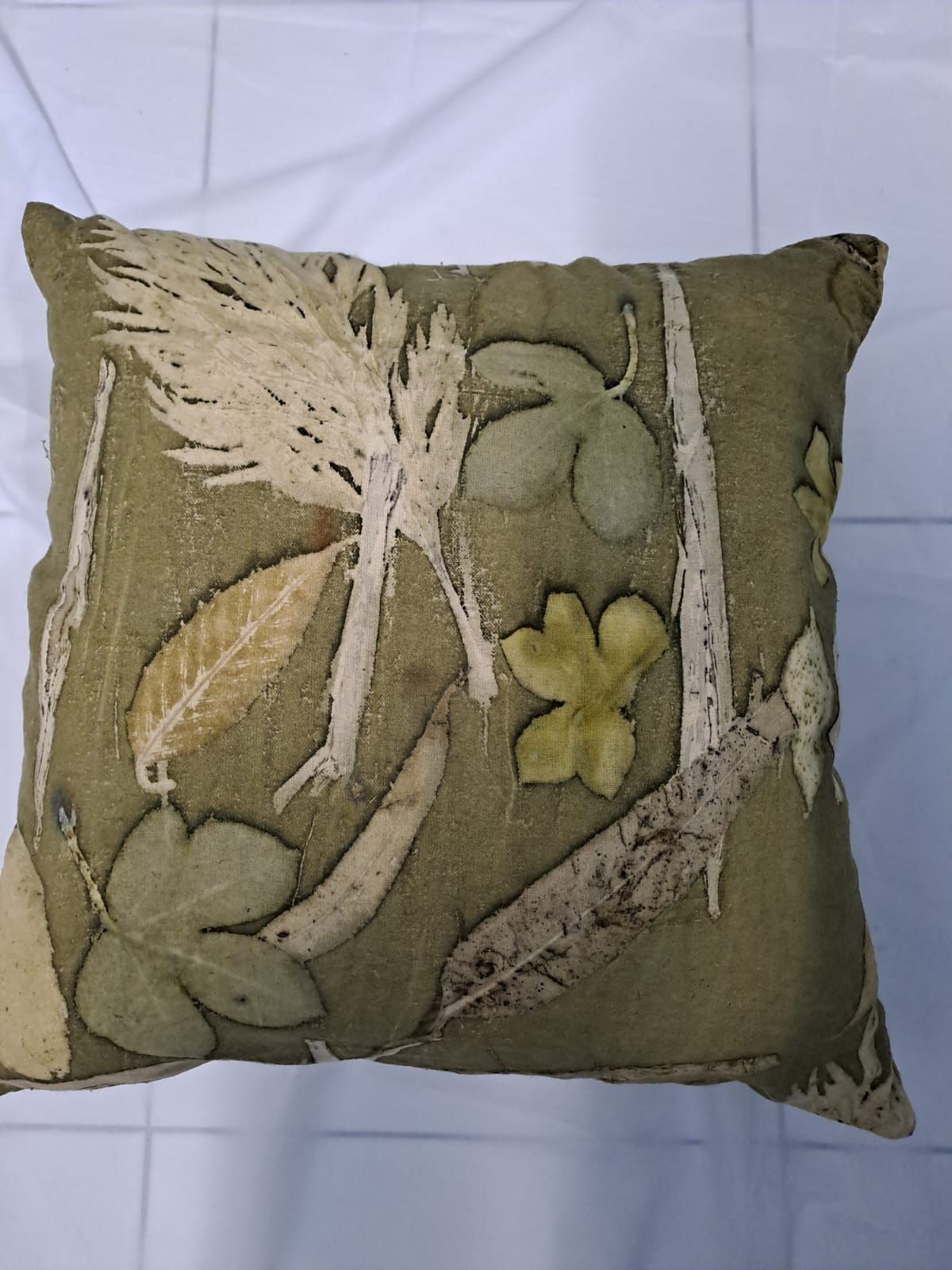 Nature's Touch: Eco-Printed Olive Green Pillow Cover