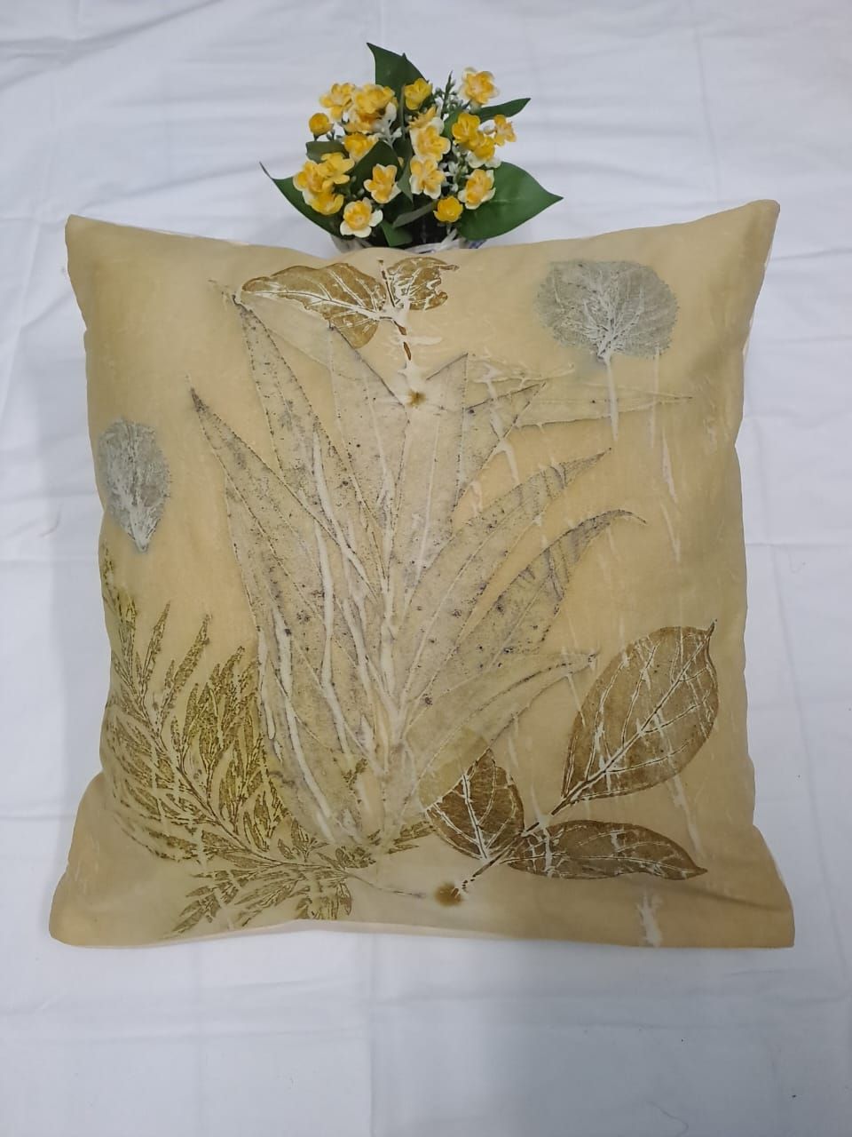 Earthy Elegance: Eco-Printed Beige Pillow Cover with Leaf Design & Yellow Flowers