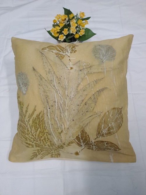 Earthy Elegance: Eco-Printed Beige Pillow Cover with Leaf Design & Yellow Flowers
