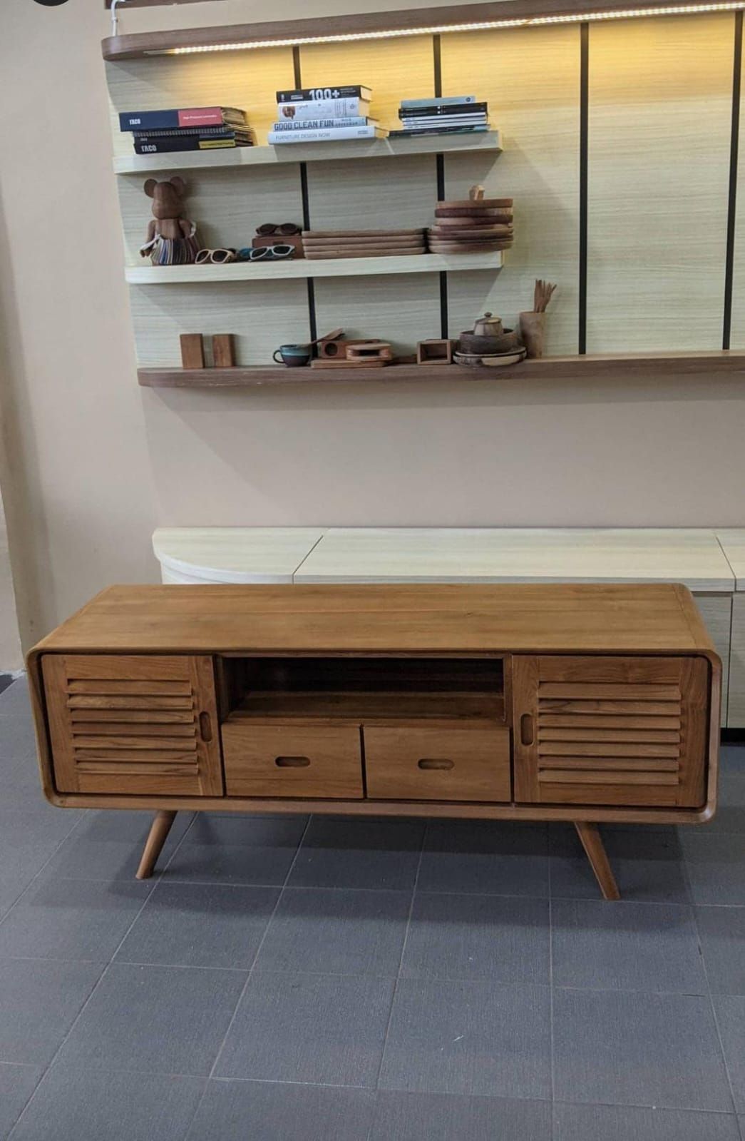 Mid-Century Modern Wooden TV Stand with Louvered Doors and Teak Finish