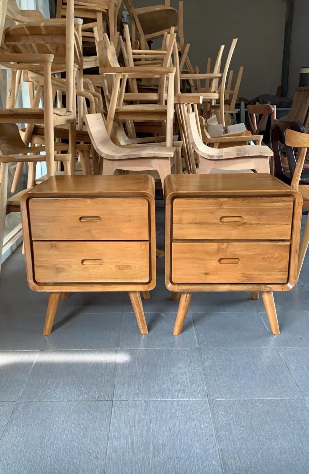Mid-Century Modern Teak Wood Nightstands with Tapered Legs and Two Drawers